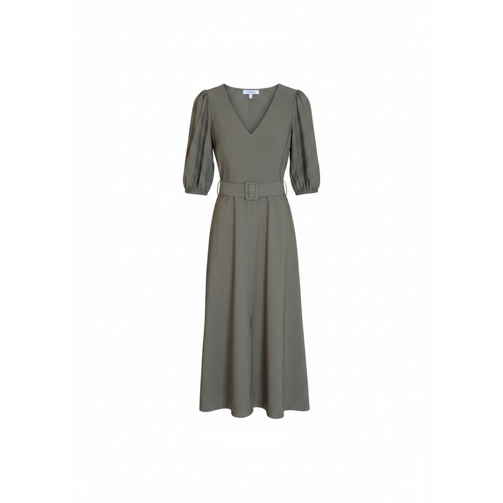 Intermix Olive Green V-Neck Puff‎ Sleeve Belted Midi Dress Size 00